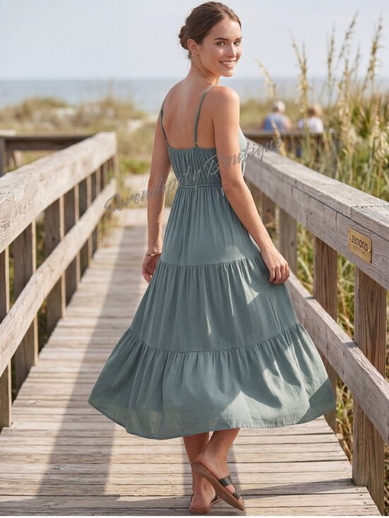 Zenana Free Flowing Ash Jade Sweetheart Tiered Ruffle Spaghetti Strap Sundress. - Picture 8 of 9